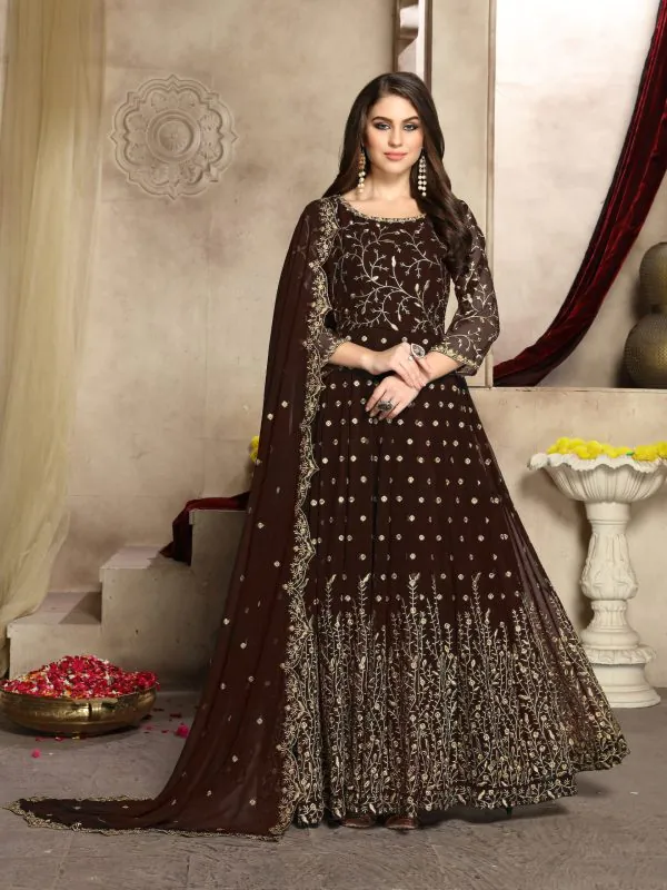 Elegant Coffee Color Georgette Multi Thread Zari Stich Anarkali Suit