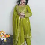 Elegant Green Color Pure Chinnon Silk Embroidery Salwar Suit