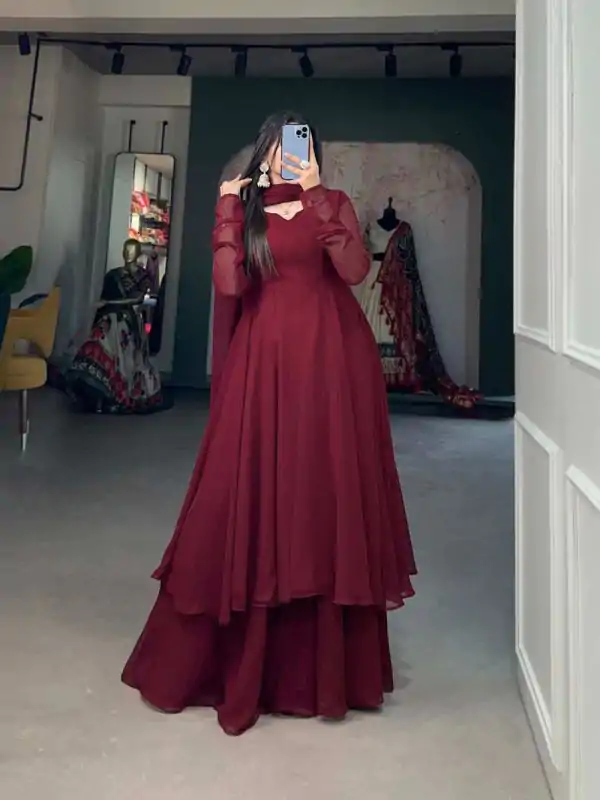 Elegant Maroon Color Georgette Plain Top Plain Plaza And Dupatta