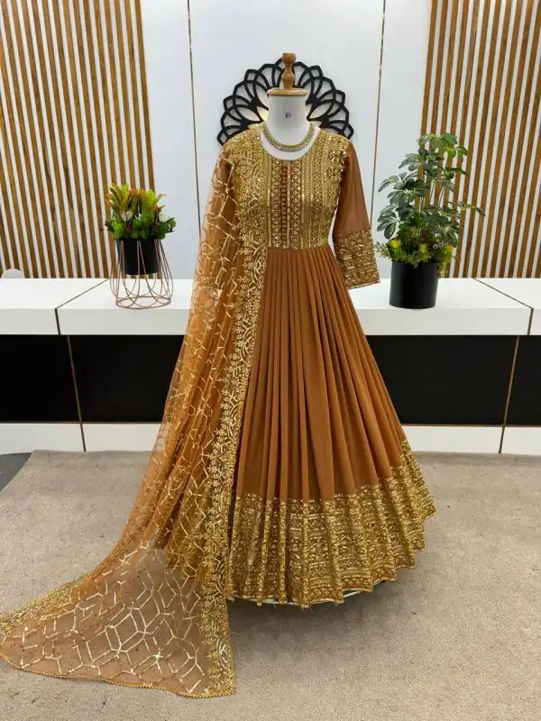 Elegant Mustard Color Georgette Embroidery Sequence Gown
