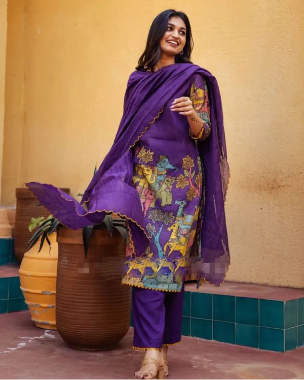 Elegant Violet Color Cotton Kalamkari Print Work Kurti