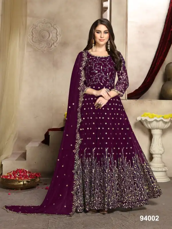 Elegant Wine Color Georgette Multi Thread Zari Stich Anarkali Suit