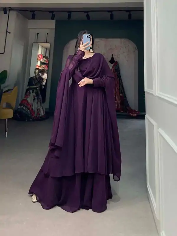 Elegant Wine Color Georgette Plain Top Plain Plaza And Dupatta