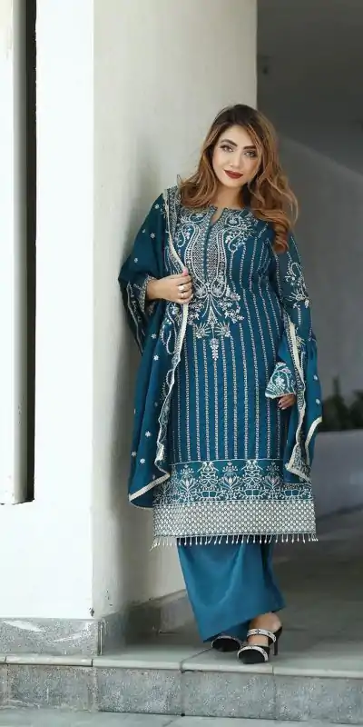 Entrancing Blue Color Pure Chinnon Silk Embroidery Salwar Suit