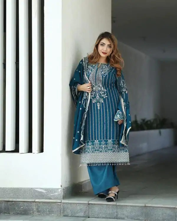 Entrancing Blue Color Pure Chinnon Silk Embroidery Salwar Suit