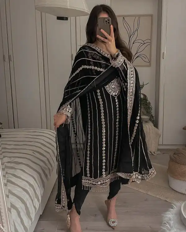 Fancy Black Color Georgette Embroidery Foil Work Salwar Suit
