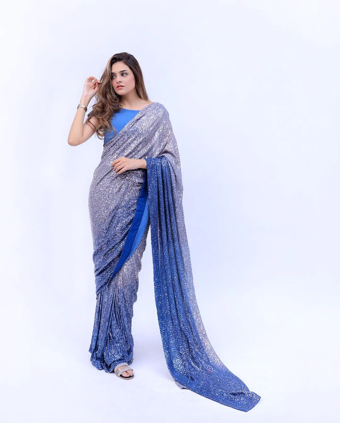 Fancy Blue Georgette Digital Printed Sequence Embroidery Saree - Image 4