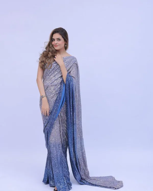 Fancy Blue Georgette Digital Printed Sequence Embroidery Saree