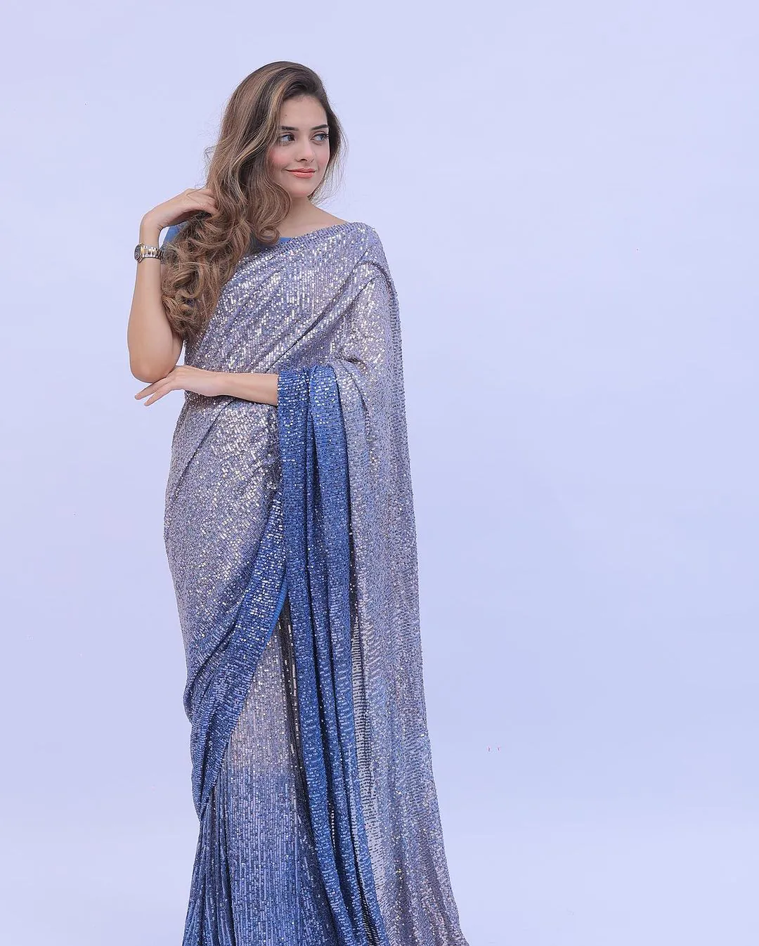 Fancy Blue Georgette Digital Printed Sequence Embroidery Saree - Image 2
