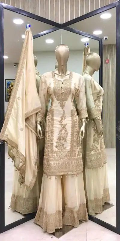 Fancy Golden Chinnon Silk Embroidery Coding Dori Salwar Suit