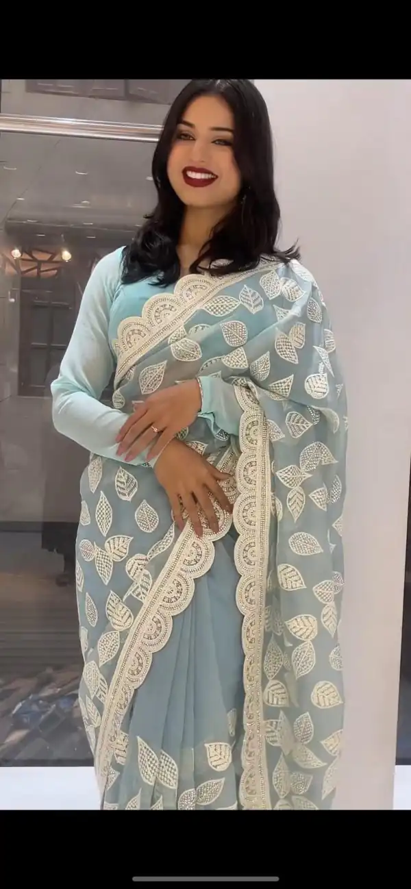 Fancy Light Blue Color Faux Georgette Thread Sequence Saree