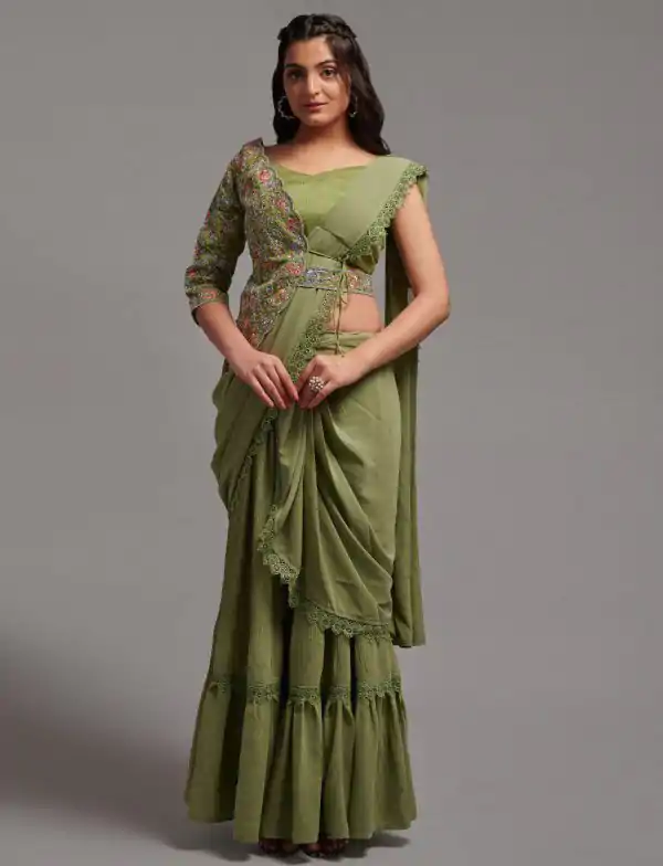 Fancy Mehndi Color Diamond Georgette Free Size Stitching Saree