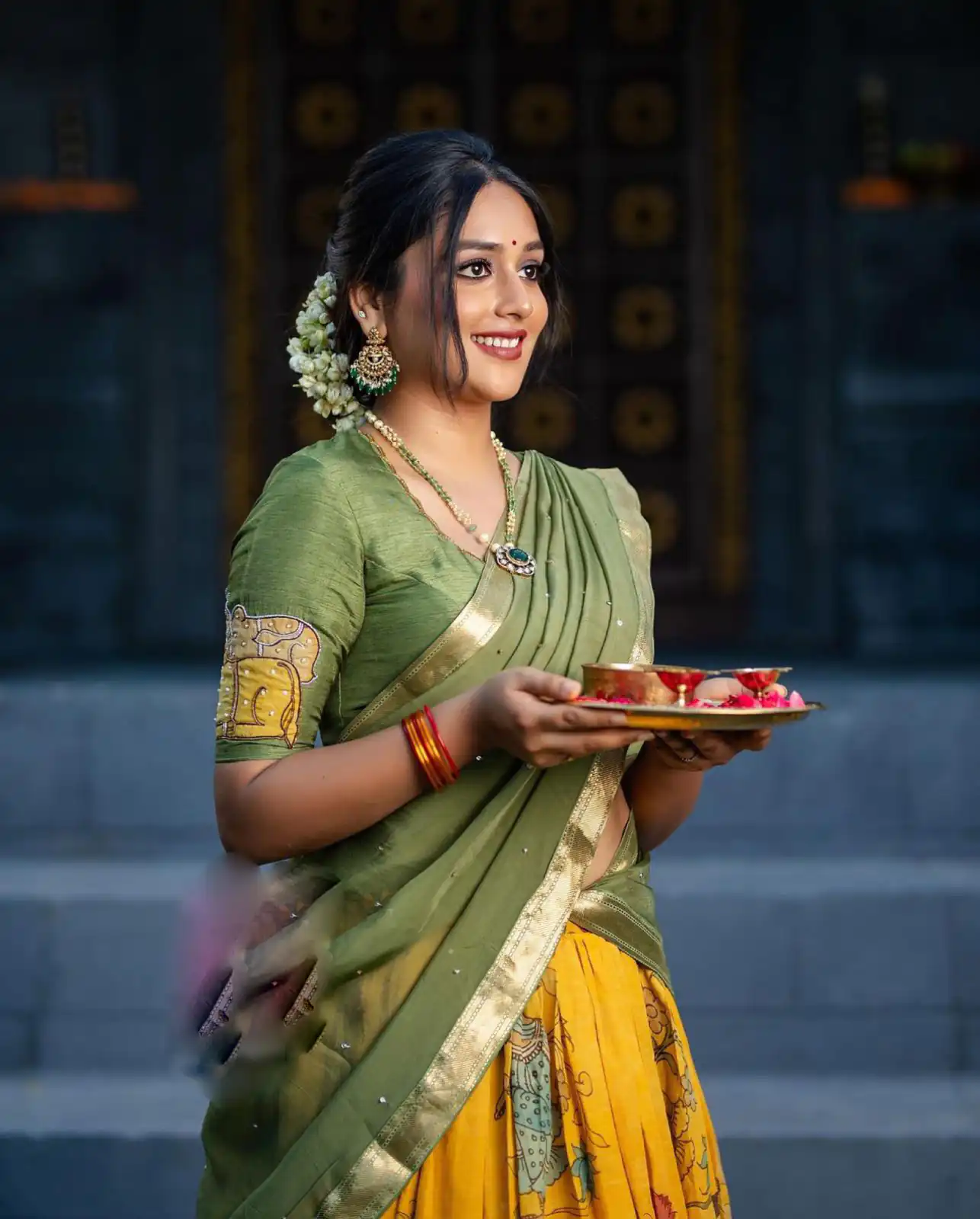 Fancy Mustard Color Chant Crepe Kalamkari Print Lehenga Choli - Image 2