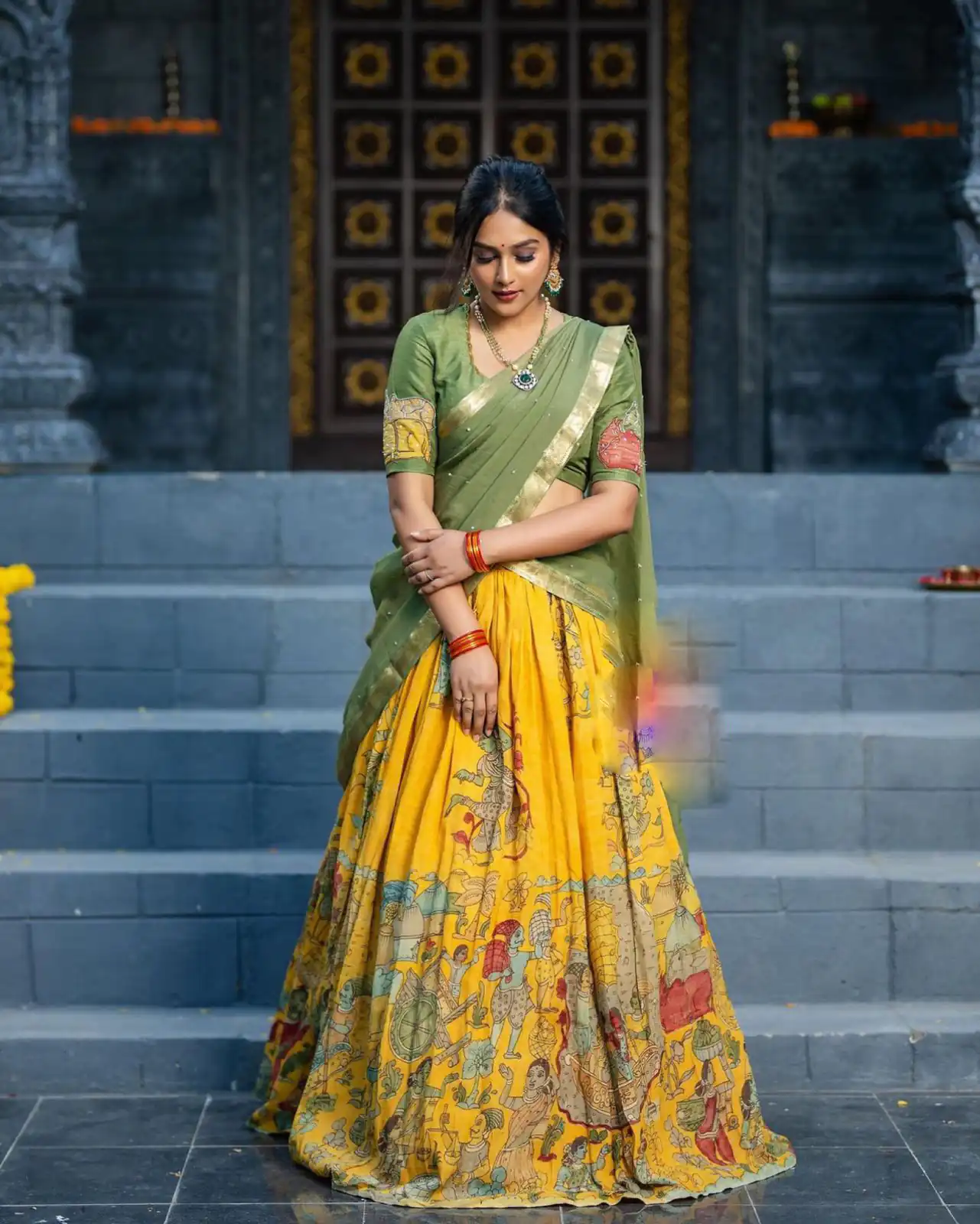 Fancy Mustard Color Chant Crepe Kalamkari Print Lehenga Choli