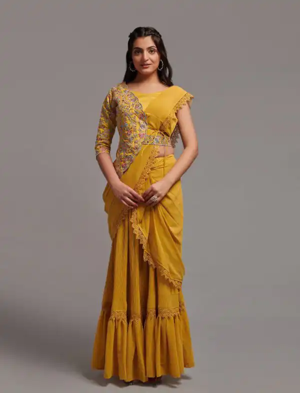 Fancy Mustard Color Diamond Georgette Free Size Stitching Saree