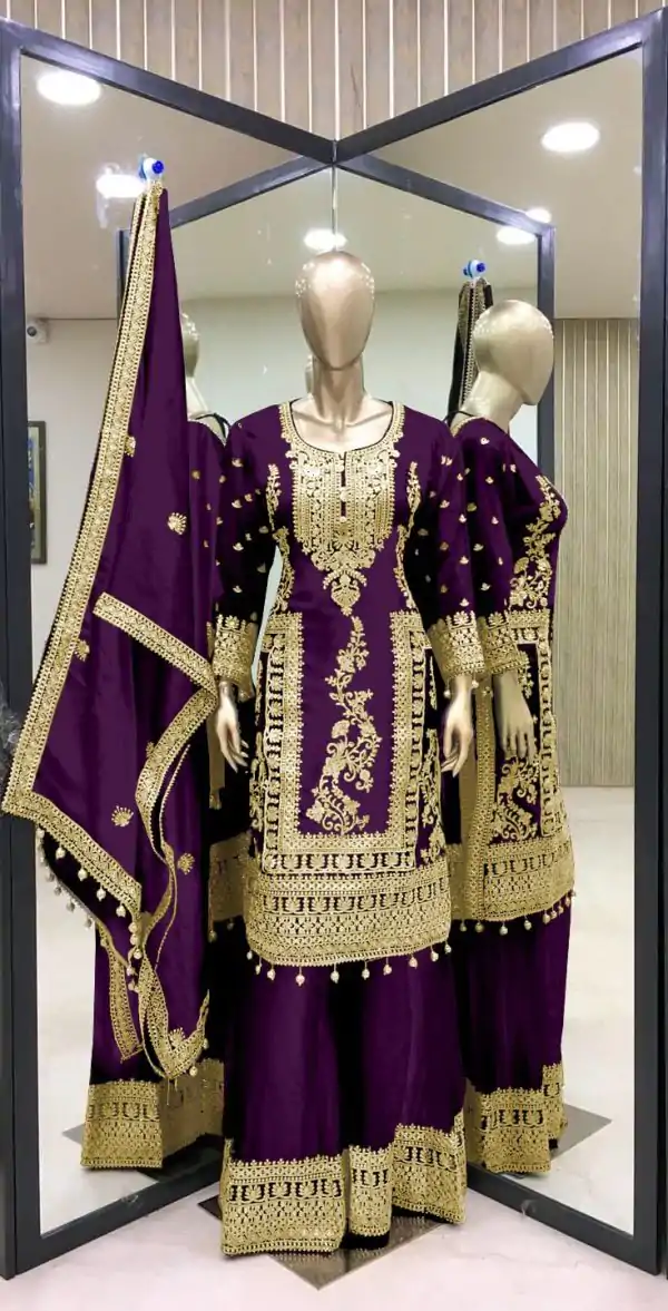 Fancy Purple Chinnon Silk Embroidery Coding Dori Salwar Suit