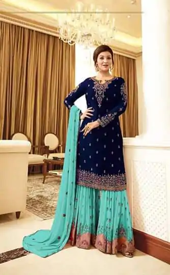 Fancy Royal Blue Color Georgette Embroidery Stone Sharara Suit