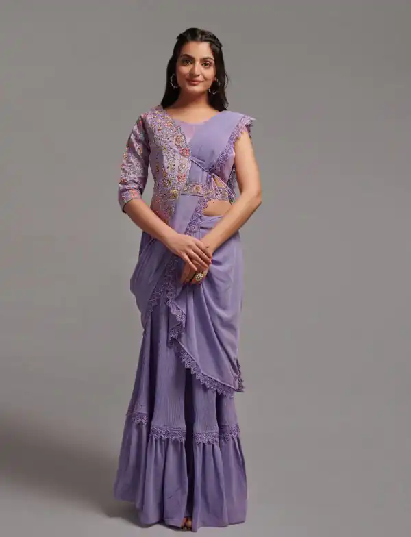 Fancy Violet Color Diamond Georgette Free Size Stitching Saree