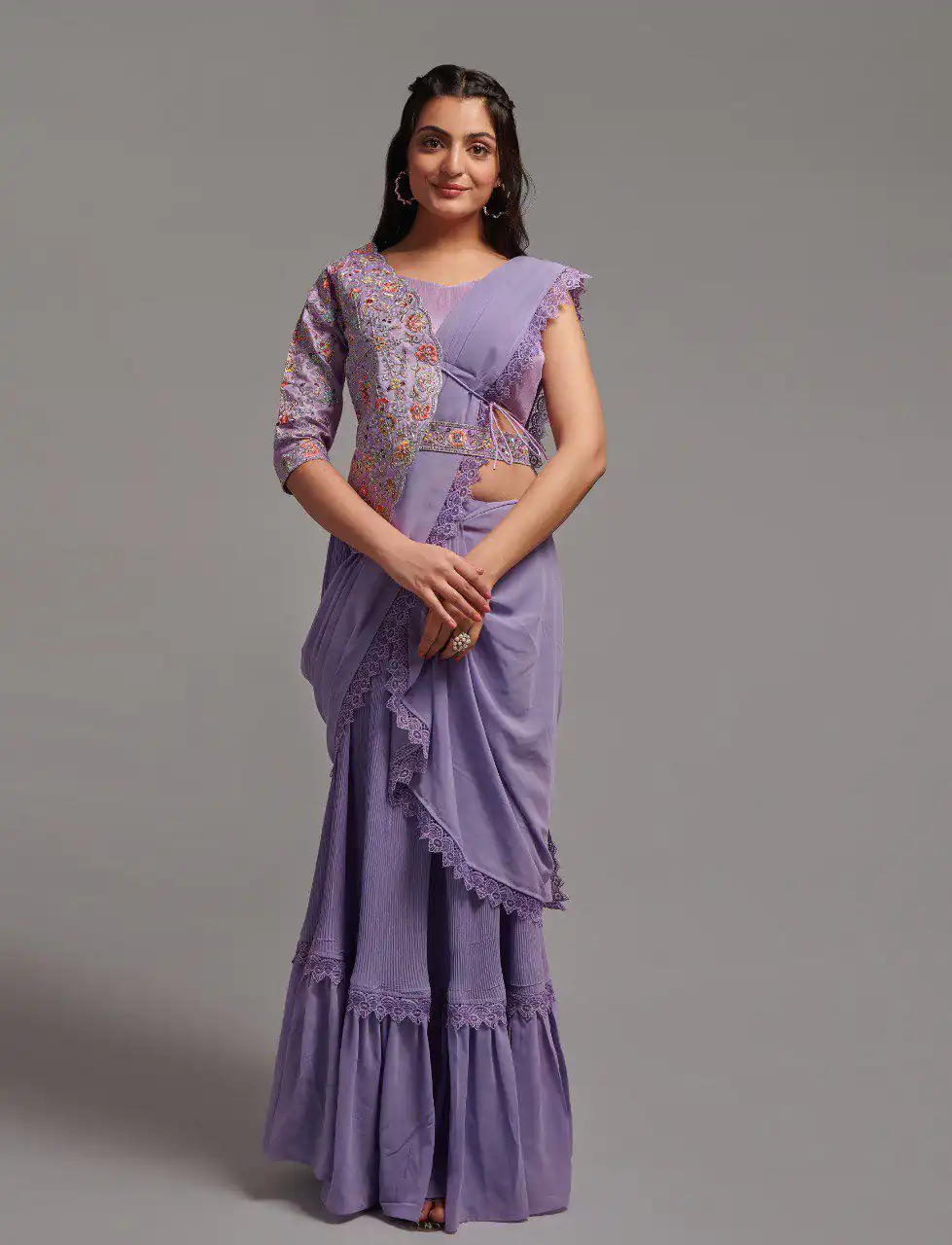 Fancy Violet Color Diamond Georgette Free Size Stitching Saree