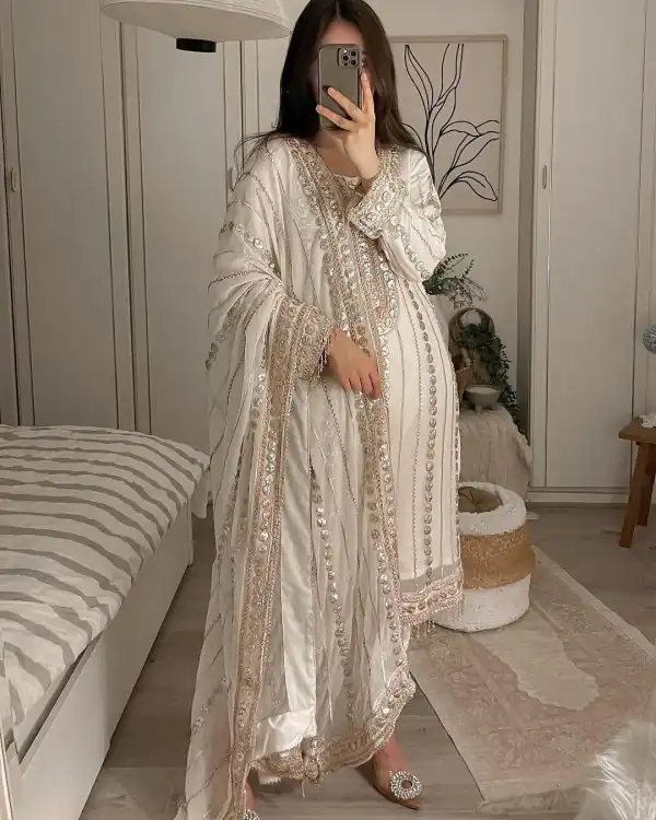 Fancy White Color Georgette Embroidery Foil Work Salwar Suit
