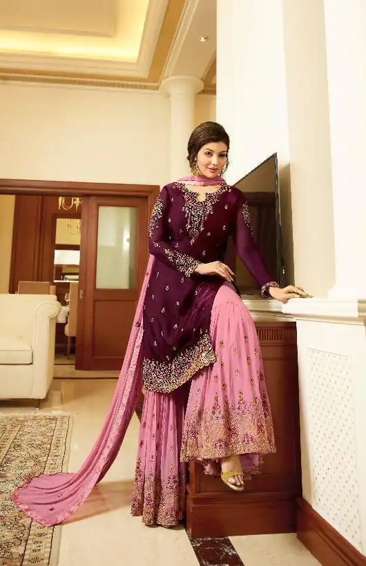 Fancy Wine Color Georgette Embroidery Stone Work Sharara Suit