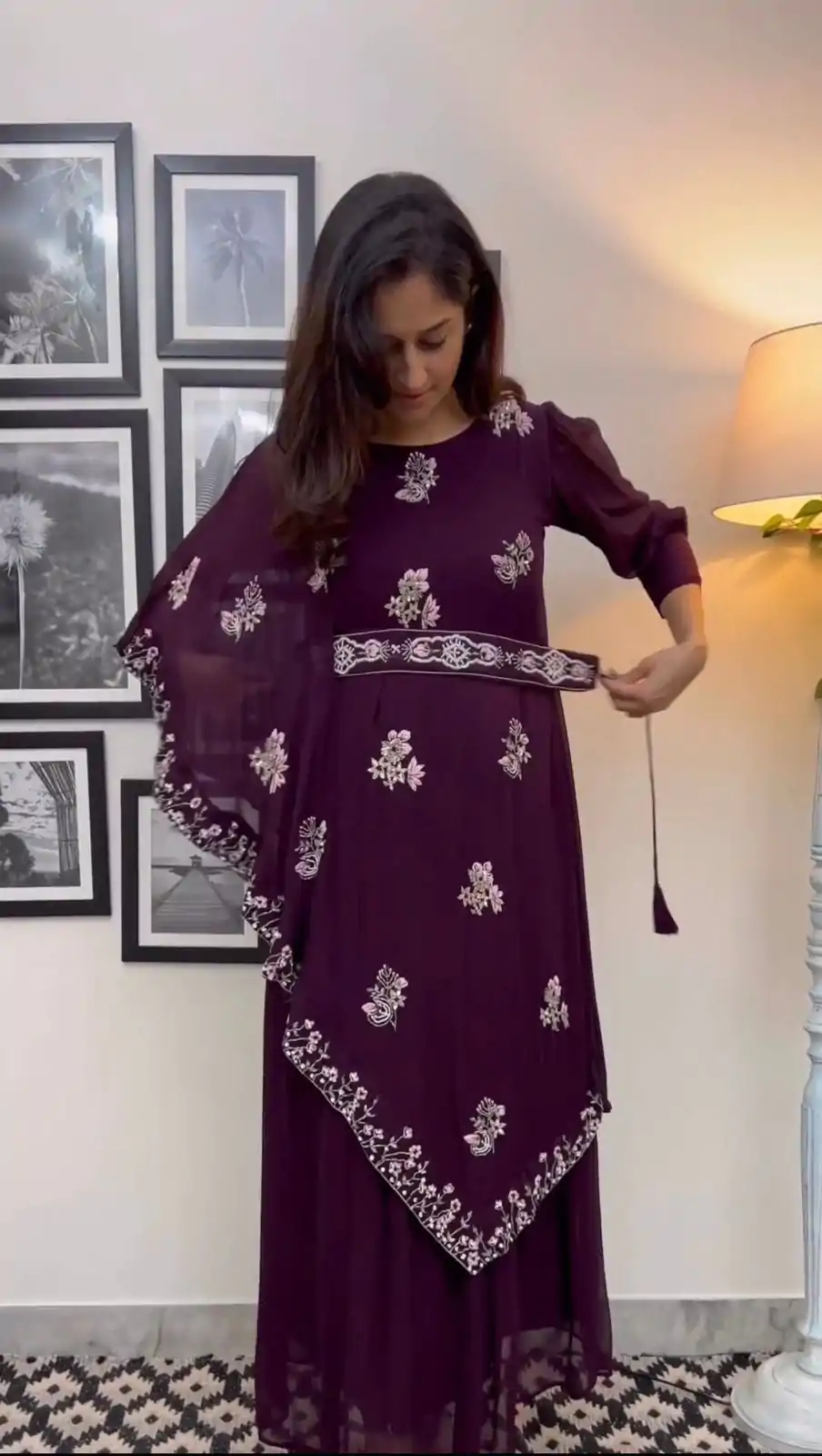 Fancy Wine Color Georgette Thread With Sequence Anarkali Suit - Image 2