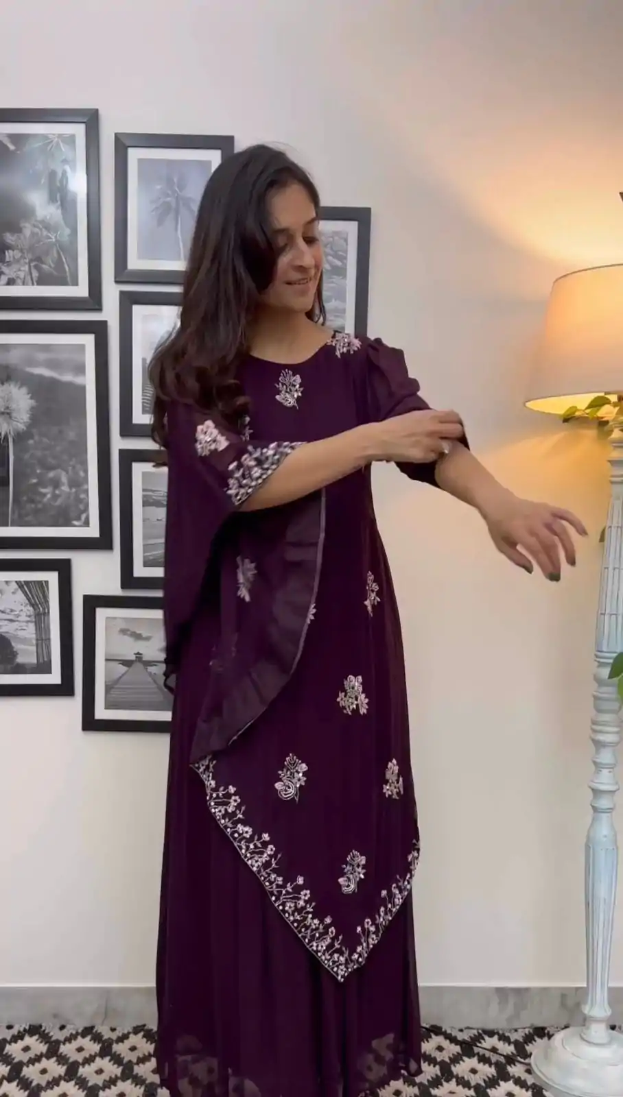 Fancy Wine Color Georgette Thread With Sequence Anarkali Suit - Image 3