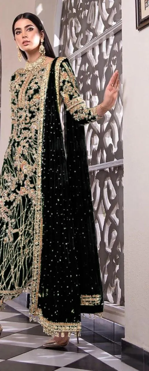 Feminine Black Color Net Embroidery Diamond Work Sharara Suit