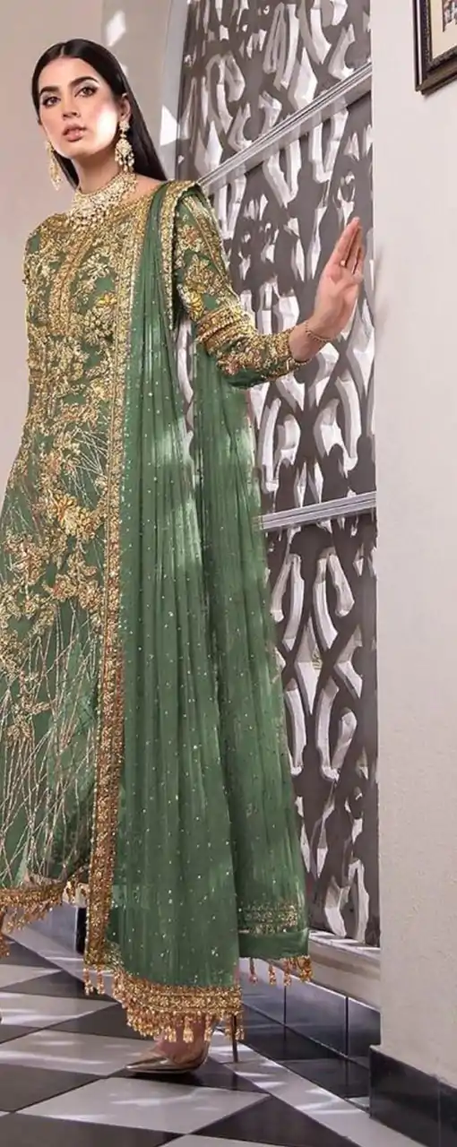 Feminine Green Color Net Embroidery Diamond Work Sharara Suit