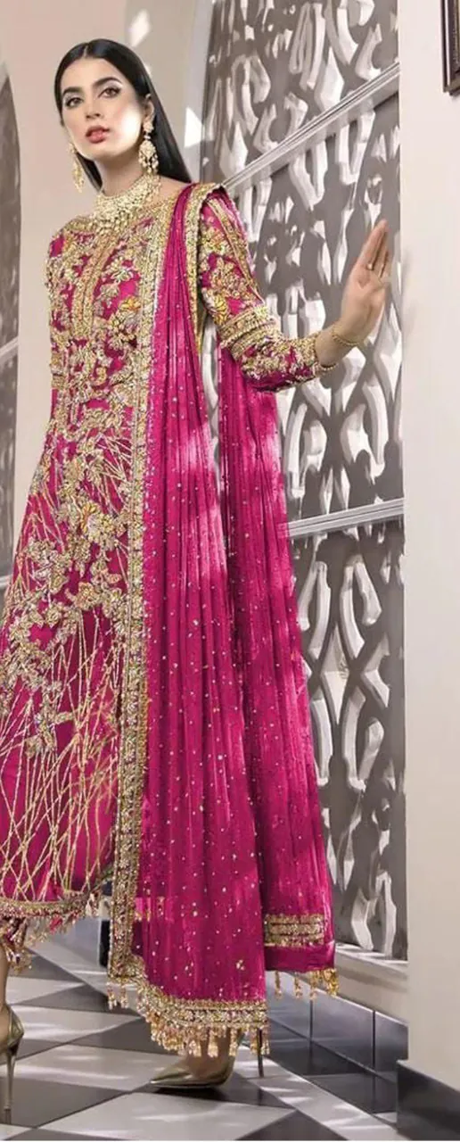 Feminine Pink Color Net Embroidery Diamond Work Sharara Suit