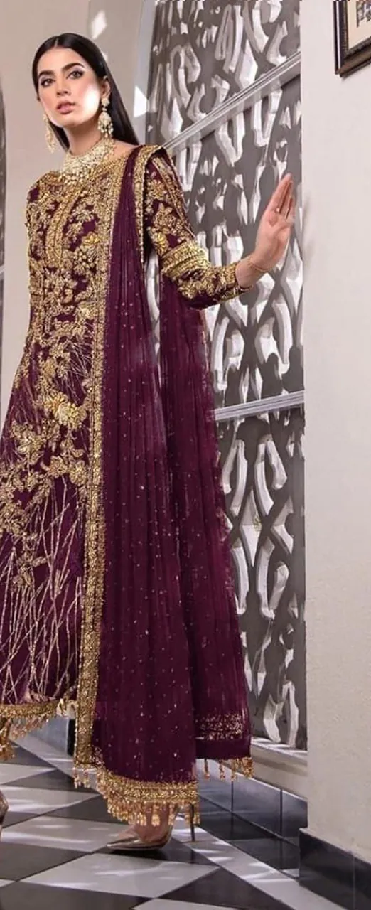 Feminine Purple Color Net Embroidery Diamond Work Sharara Suit