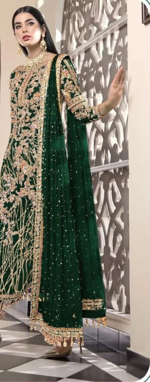 Feminine StoneGreen Color Net Embroidery Diamond Sharara Suit