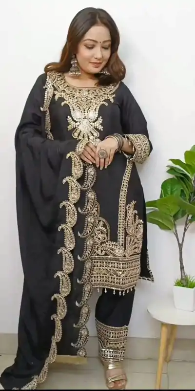 Fine Black Color Pure Chinnon Silk Embroidery Salwar Suit