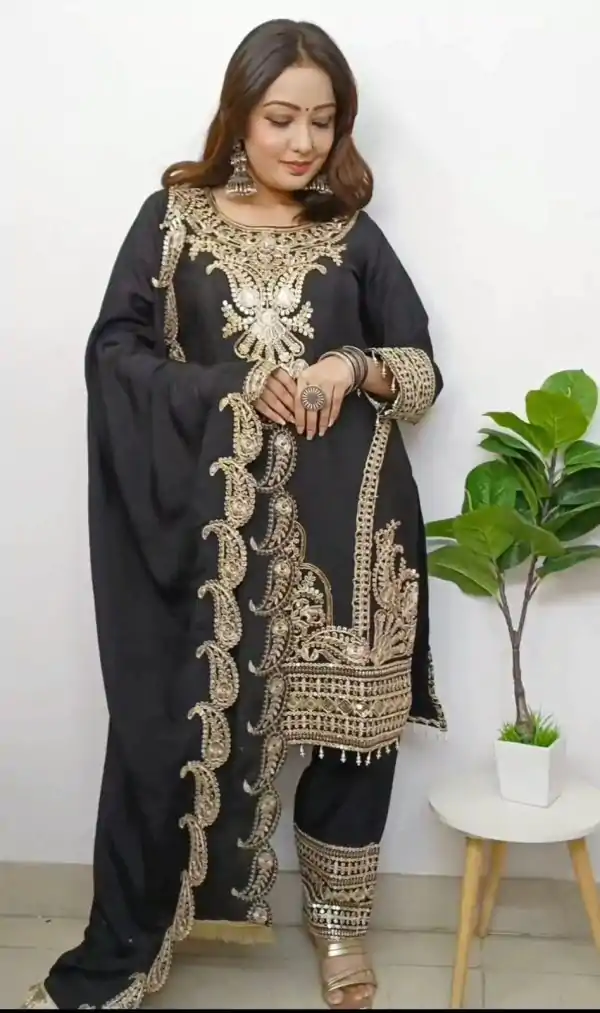 Fine Black Color Pure Chinnon Silk Embroidery Salwar Suit