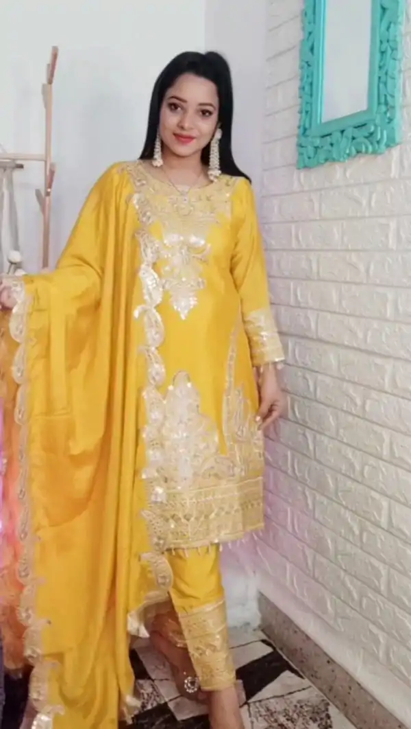 Fine Yellow Color Pure Chinnon Silk Embroidery Salwar Suit