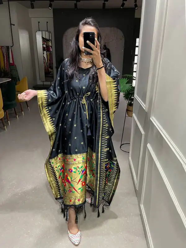 Glamorous Black Color Jacquard Zari Kaftan Lace Border Kurti