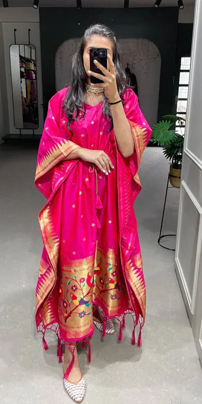 Glamorous Pink Color Jacquard Zari Kaftan Lace Border Kurti