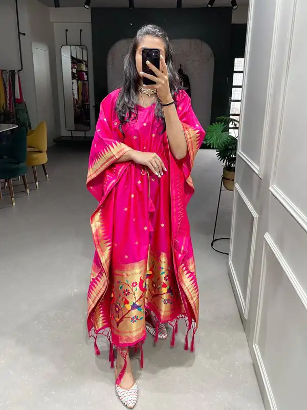 Glamorous Pink Color Jacquard Zari Kaftan Lace Border Kurti