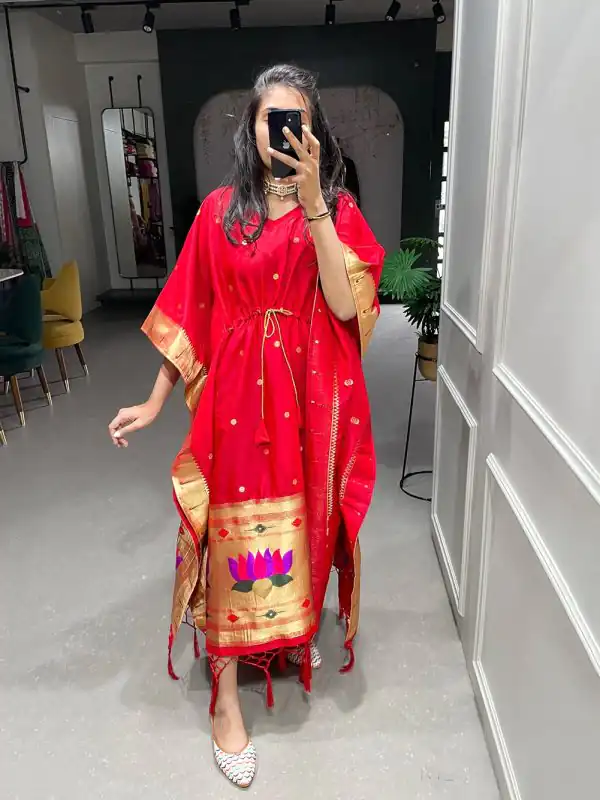 Glamorous Red Color Jacquard Zari Work Kaftan Lace Border Kurti