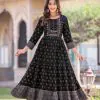 Good-Looking Black Color Heavy Rayon Printed Hand Work Gown