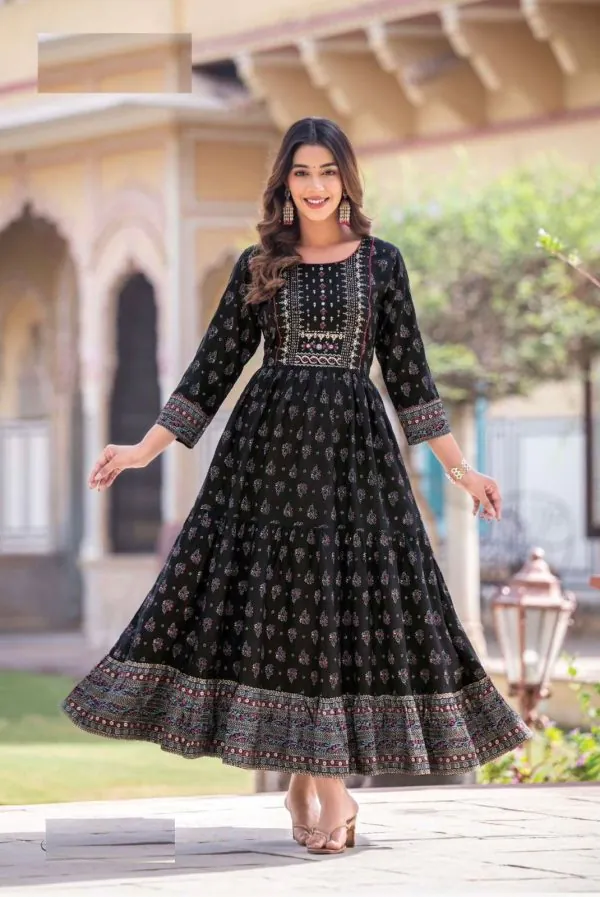 Good-Looking Black Color Heavy Rayon Printed Hand Work Gown