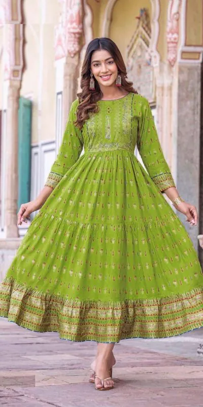 Good-Looking Green Color Heavy Rayon Printed Hand Work Gown