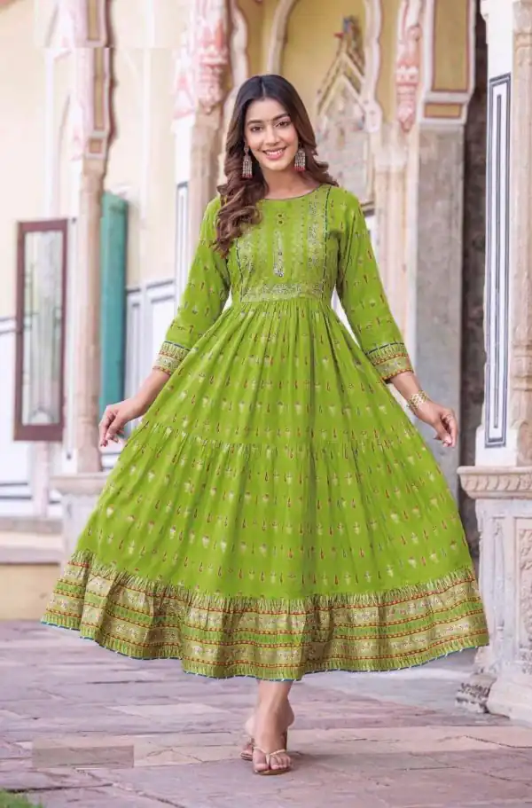 Good-Looking Green Color Heavy Rayon Printed Hand Work Gown
