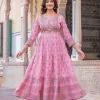 Good-Looking Light Pink Color Rayon Printed Hand Work Gown