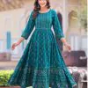 Good-Looking Peacock Green Color Rayon Print Hand Work Gown