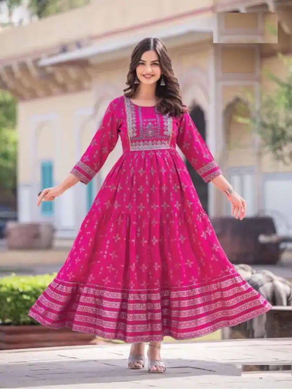 Good-Looking Pink Color Heavy Rayon Printed Hand Work Gown