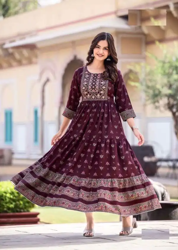 Good-Looking Purple Color Heavy Rayon Printed Hand Work Gown