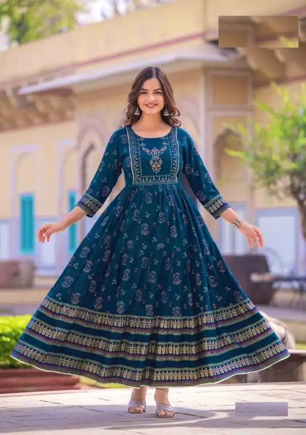 Good-Looking Royal Blue Color Rayon Printed Hand Work Gown