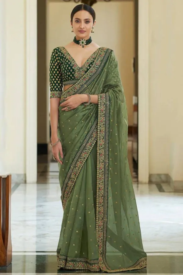 Gorgeous Green Color Organza Embroidery Lace Border Saree