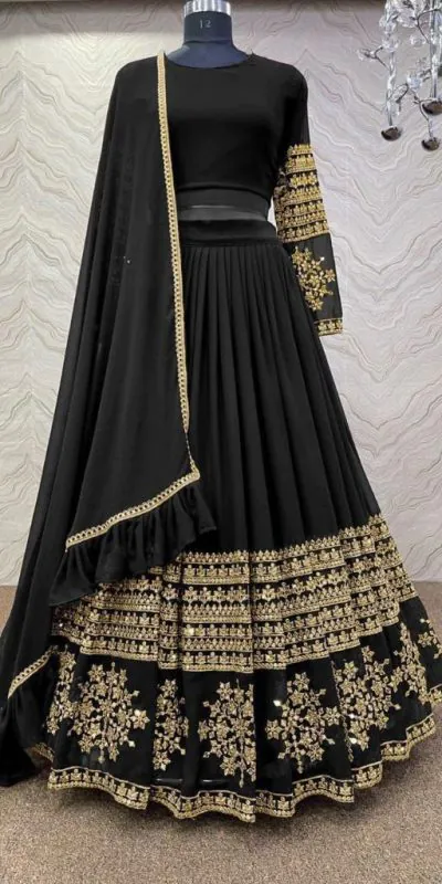 Graceful Black Color Georgette Embroidery Sequins Lehenga Choli